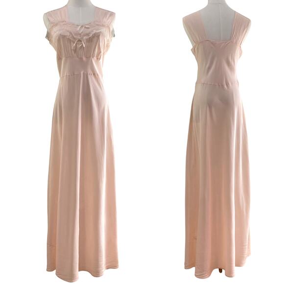 Vintage 40s Pink Rayon Bias Cut Ruffles & Bows Maxi Slip Dress Nightgown Size M - Picture 1 of 10